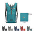 A large packable camping backpack in teal with grey accents, shown both unfolded and folded into a compact square.