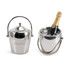A stainless steel cooler bucket with a handle, filled with ice and a champagne bottle inside.