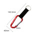 A red carabiner keychain with a black strap, featuring a silver locking mechanism and a logo. Dimensions included.