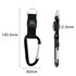 A black carabiner keychain with a compass, featuring a fabric holder and metal ring. Dimensions are noted in millimetres.