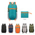 A packable hiking backpack in various colours, including teal, orange, black, navy, and grey, with a logo displayed.