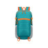 A packable hiking backpack in teal with orange accents and mesh side pockets, featuring zippers and attachment points.