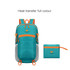 A packable hiking backpack in teal with orange accents, neatly folded into a compact pouch. Features a logo.