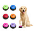 A collection of colourful voice recording buttons in blue, pink, purple, and orange, next to a golden retriever.