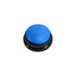 A button with a large blue top and a black base, featuring a logo on the underside.