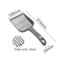 A large grey cat litter scoop with a slotted design for easy filtering, featuring measurements and a circular handle hole.
