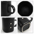 A black ceramic coffee mug with a matte finish, featuring a unique shape and a logo on the side.
