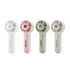 A set of four handheld fans in white, pink, green, and cream, each featuring a logo on the front.