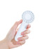 A handheld fan in white, held in a hand, featuring a circular blade design and a power button.