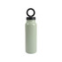 A drink bottle in light green with a black lid and ring for easy carrying. Features a logo on the side.