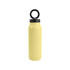 A drink bottle in a soft yellow colour, featuring a black lid and a magnetic phone holder.