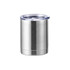 A drink bottle with a stainless steel finish, double wall insulation, and a clear plastic lid. Features a logo.