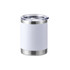 A drink bottle featuring a white exterior and stainless steel bottom, with a clear lid. It includes a branding logo.