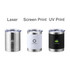 A drink bottle in three styles: stainless steel with white, black, and silver finishes, each with a logo.