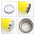 A drink bottle featuring a bright yellow exterior, stainless steel double wall, and clear lid. It also has a logo.