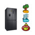 A black fridge with colourful PVC fridge magnets featuring a palm tree, dolphins, a jaguar, and a chicken.
