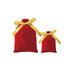 Red drawstring gift bags in two sizes, each featuring a gold satin ribbon tied in a bow.