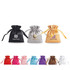 Silk satin drawstring bags in black, silver, gold, pink, purple, red, white, and brown, featuring logos.