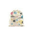 A drawstring bag featuring a textured pattern with colourful geometric shapes in pink, blue, yellow, and black.
