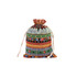 A patterned linen burlap drawstring bag featuring vibrant colours and decorative designs. It has a drawstring closure.