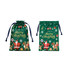 Two green polyester drawstring gift bags featuring Christmas designs with Santa, reindeer, and holiday decorations.