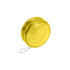 A yellow yoyo with a glossy finish and a white string attached. It has a simple, circular design and branding.