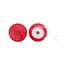 A red yoyo with a white string coiled neatly inside, featuring a textured surface on one side. It has a branding logo.