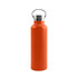 An orange insulated drink bottle made of recycled stainless steel with a metal screw-top lid and handle.