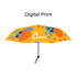 A small lite umbrella with a vibrant yellow canopy featuring colourful patterns and a logo.