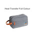 A grey toiletry bag with a leather strap and a logo on the front. It features a zip closure and a simple design.