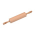A wooden rolling pin with light tan wood and handles on each end. It features a logo on one handle.
