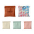 A selection of small pocket cosmetic bags in orange, mint green, cream, and pink with a floral design, featuring a logo.