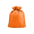 An orange non-woven drawstring bag with a gathered top and a logo.