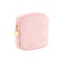 A stylish mini makeup bag in soft pink with a zip closure and a gold-toned charm.