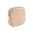 A stylish mini makeup bag in soft beige with a gold zipper and a round zipper pull. It features a simple, sleek design.