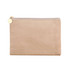 A durable flat makeup bag in a soft beige colour with a zip closure and a small decorative tag.