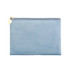 A durable flat makeup bag in a soft blue colour, featuring a gold zipper and a small charm.