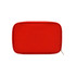 A red empty first aid kit bag with a zip closure and a flat surface. Features a logo.