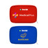A red and blue first aid kit bag, featuring logos and a zip closure.