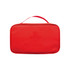 A red first aid kit bag with a handle and a plain surface, featuring a logo.