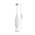 A white milk frother with a long stainless steel whisk attached, featuring a circular whisk head.