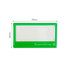 A green reusable acrylic name badge with a rectangular shape and a logo at the bottom. It has a transparent area for custom names.