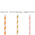 A selection of four custom disposable 4-ply paper straws in orange and white, gold, and a pink floral design.