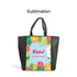 A tote bag with a full-colour tropical design featuring fruits and a bird, complemented by black handles.