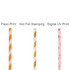 Three types of custom disposable 4-ply straight drinking paper straws in orange, gold, and pink floral designs. Each straw features distinct printing styles.