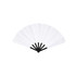 A plastic hand fan with black supports and white blades, fanned out for display. It features a logo on the handle.