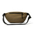 A large bum bag in khaki with a zippered pocket and a black adjustable strap. Features a logo on the surface.