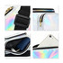 A holographic fanny pack with a white exterior, featuring gold zippers and a black strap, showcasing its interior space.