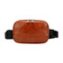 A brown polyurethane fanny pack with a zippered closure and an adjustable black strap.