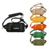 A travel fanny pack in black, with options in beige, yellow, orange, and green, featuring zippers and a logo.